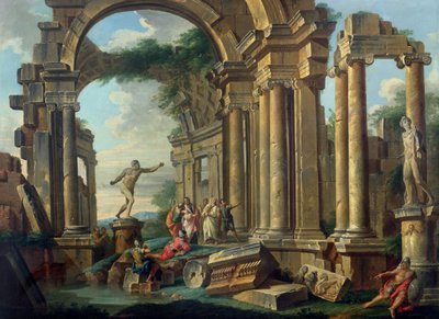 Een architectonische capriccio met beelden van de krijger Agasias en de Apollo Belvedere door Giovanni Paolo Pannini